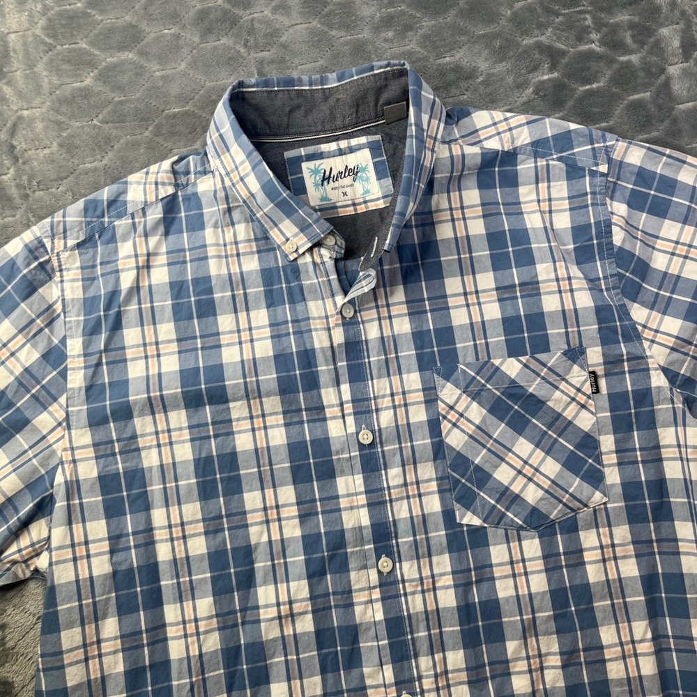 Hurley Slub Button Down Shirt Mens XL Blue Plaid Short Sleeve HMS22-03333